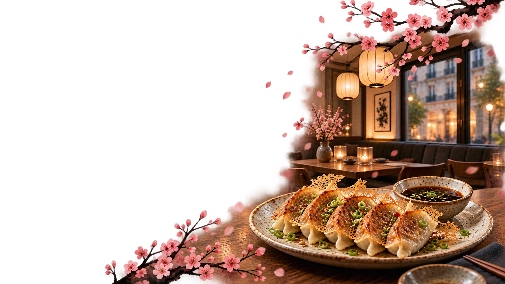 gyozas croustillants en grande assiette avec leur sauce ; un angle de la même banquette derrière