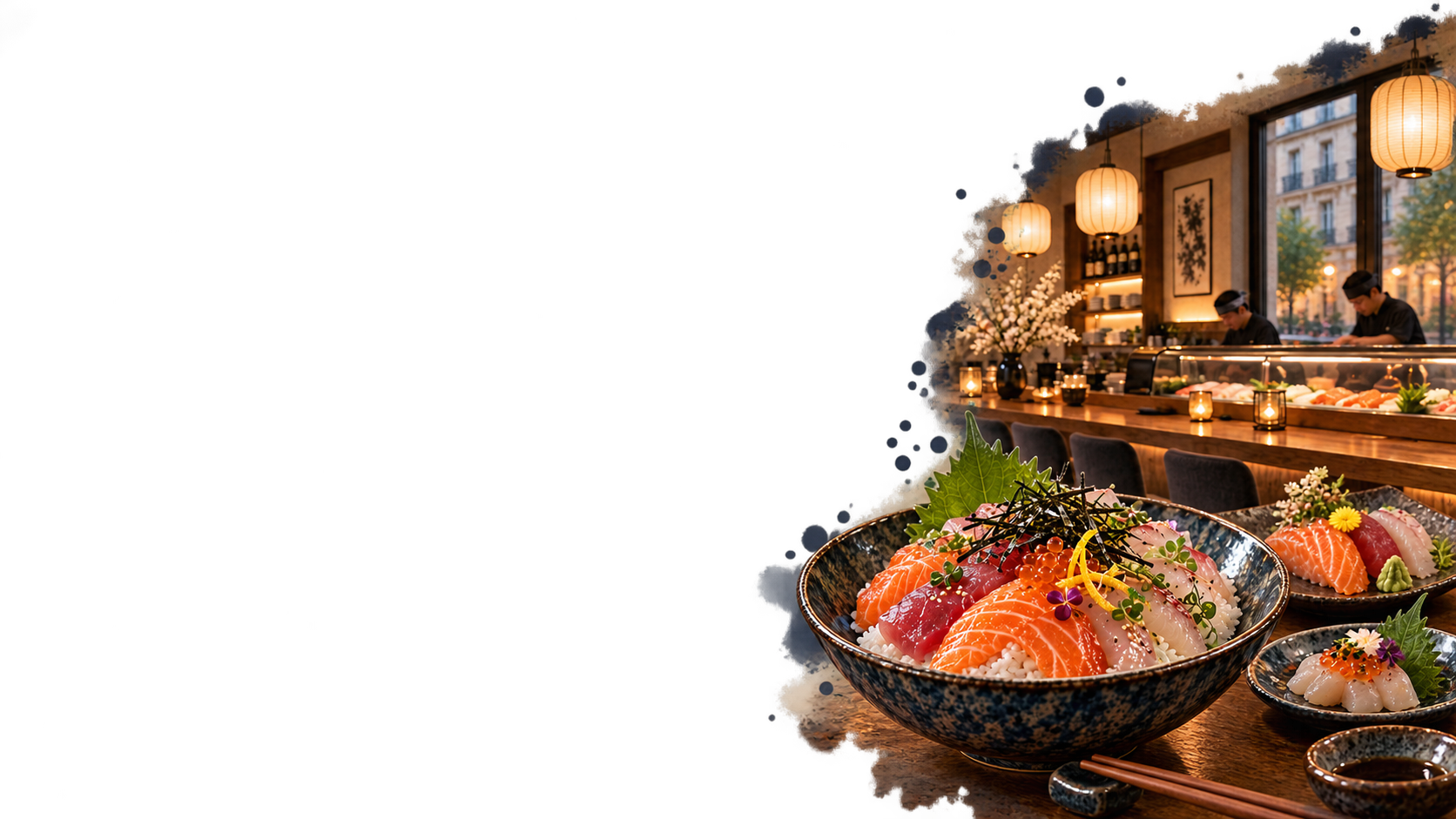 grand chirashi photographique et petites assiettes de sashimis devant le comptoir sushi de la même salle
