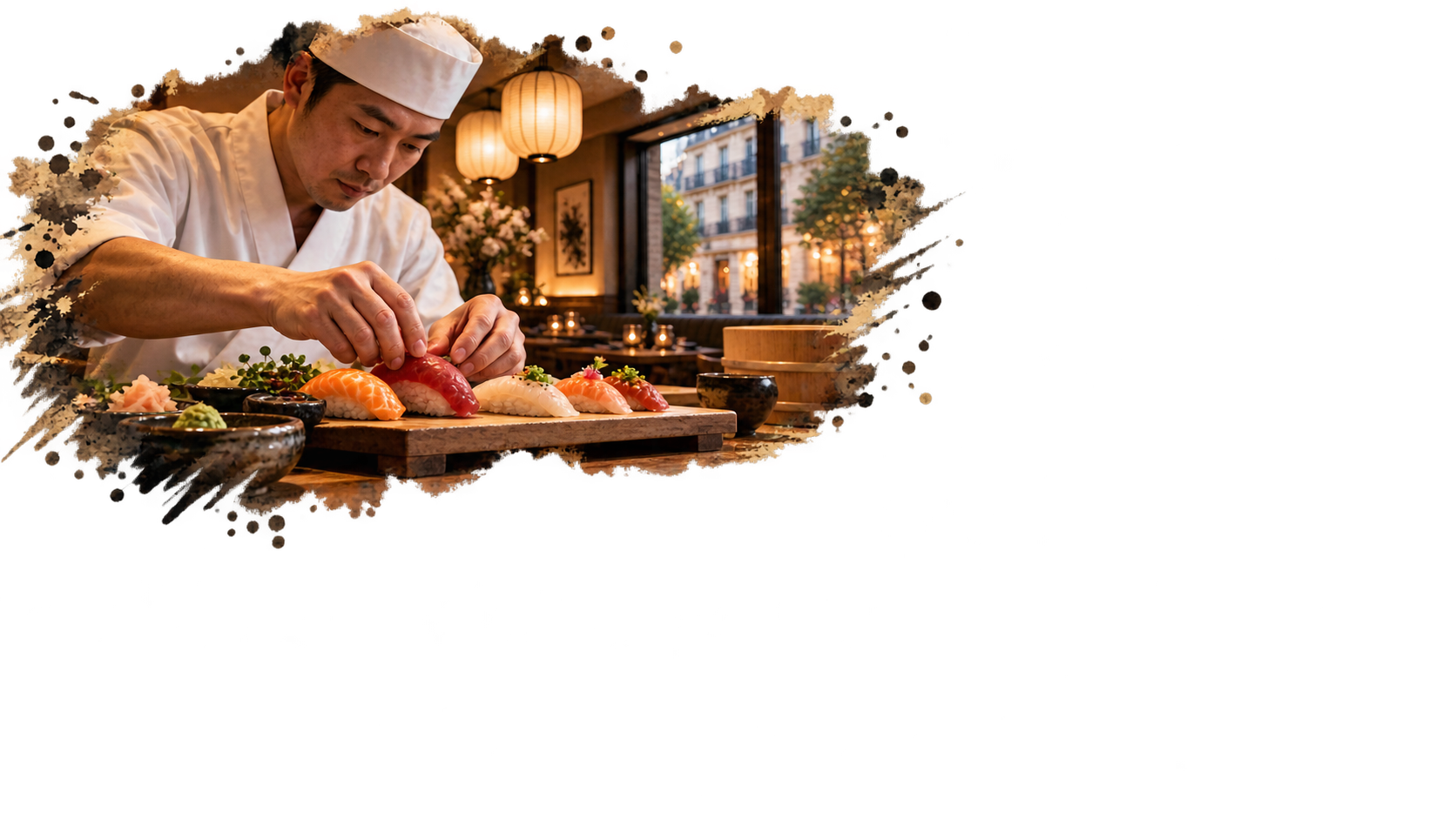 vraie photographie d'un chef sushi préparant des nigiris sur le comptoir ; grande pièce de nigiri et plateau au premier plan