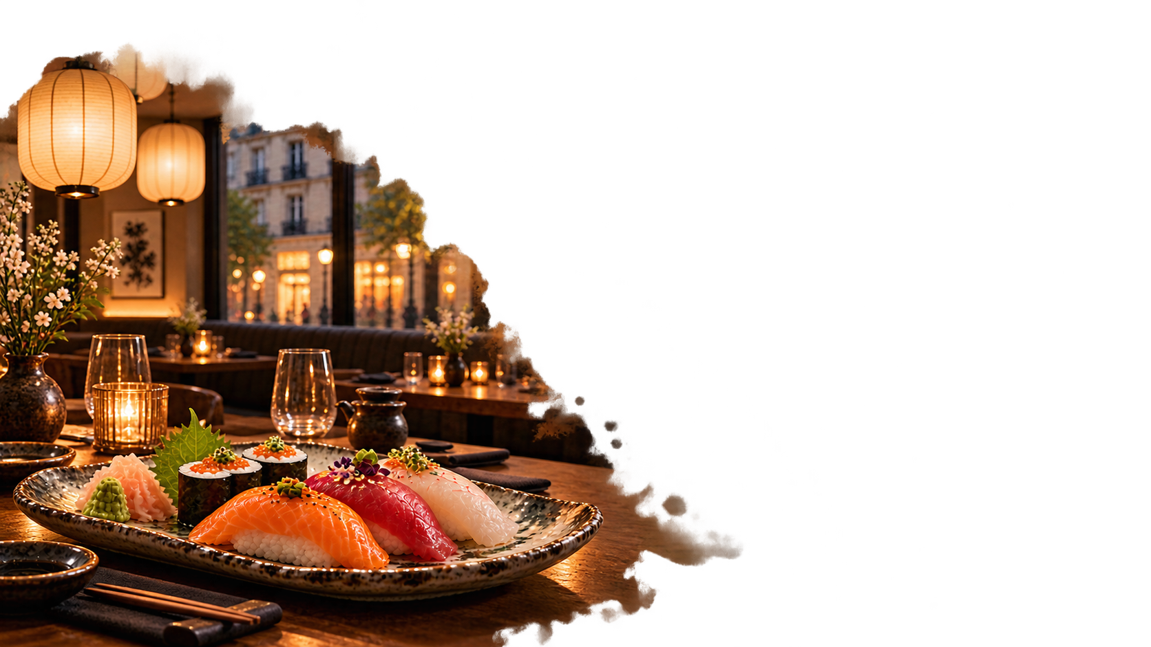 la même salle le soir sous les lanternes, vraie table chaleureuse dressée pour deux ; grande assiette de sushi photographique