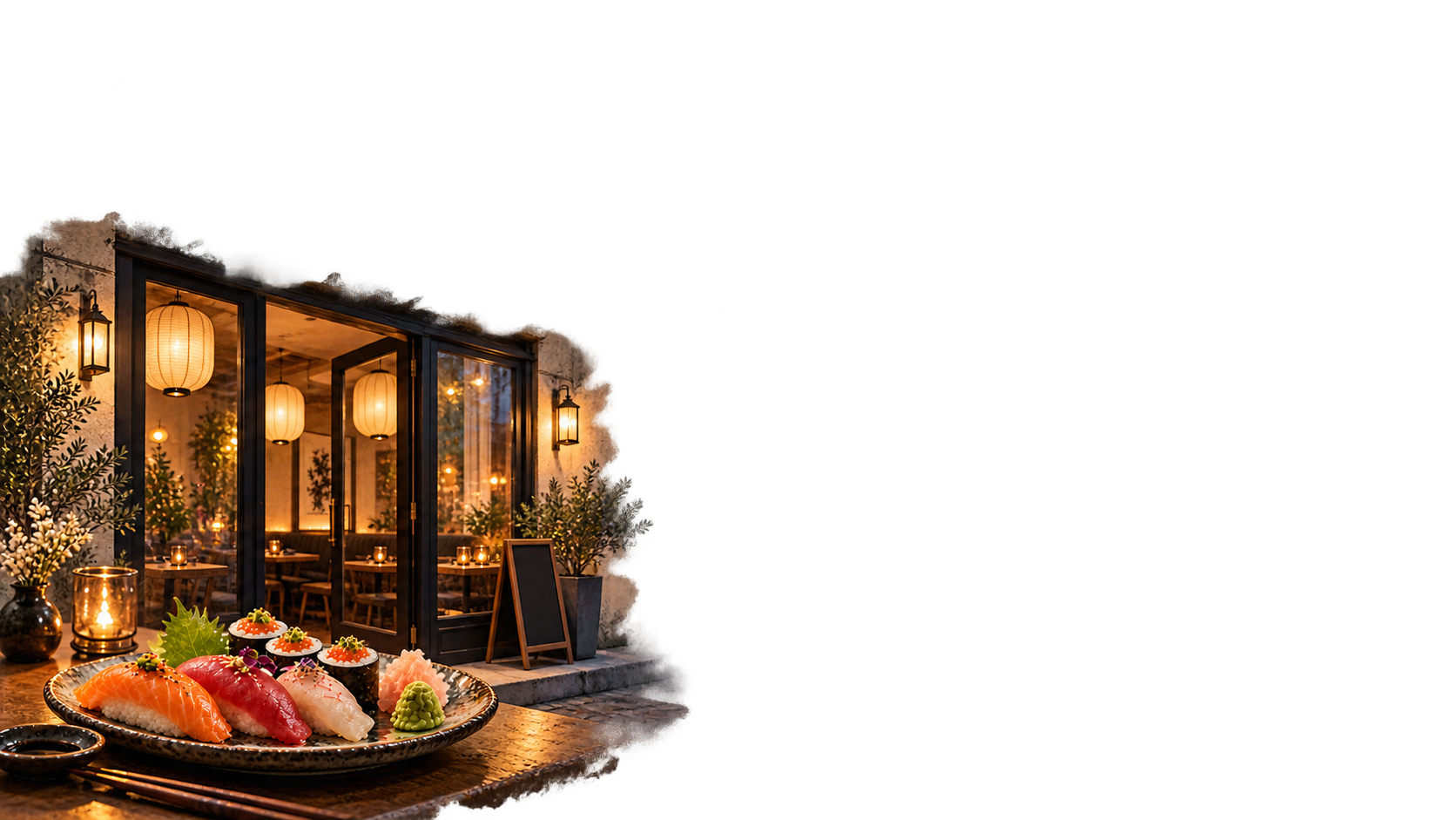 façade de ce même restaurant japonais à Paris, porte ouverte sur la salle et ses lanternes ; petite table avec une belle assiette de sushi au premier plan